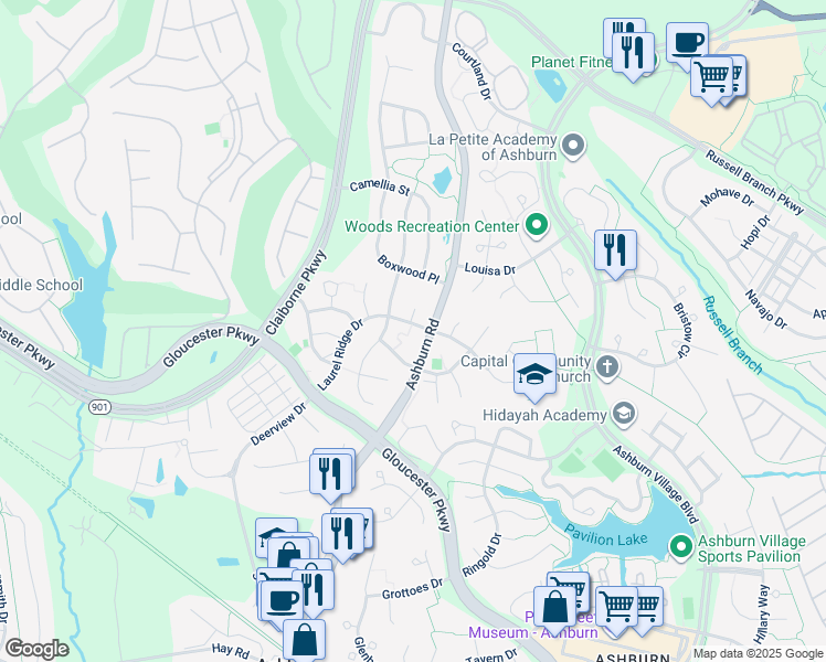 map of restaurants, bars, coffee shops, grocery stores, and more near 43893 Laurel Ridge Drive in Ashburn