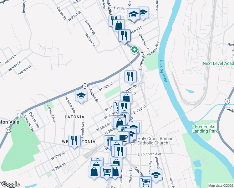 map of restaurants, bars, coffee shops, grocery stores, and more near 6 W 30th St in Covington