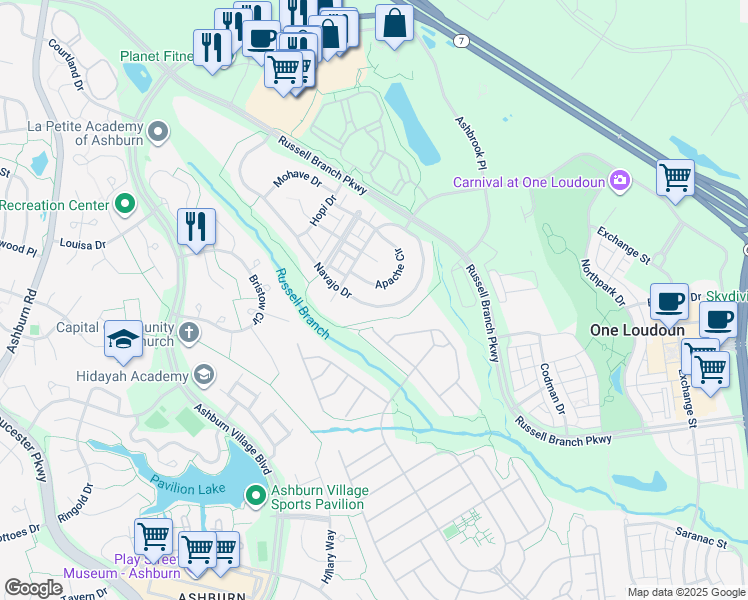 map of restaurants, bars, coffee shops, grocery stores, and more near 44288 Navajo Drive in Ashburn