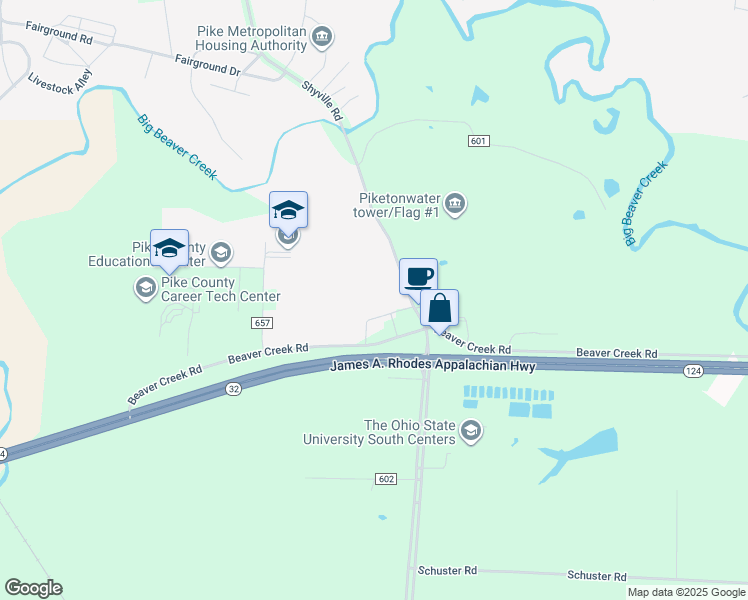 map of restaurants, bars, coffee shops, grocery stores, and more near 601 Beaver Creek Road in Piketon