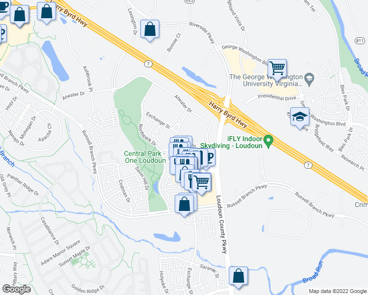 map of restaurants, bars, coffee shops, grocery stores, and more near Endicott Drive in Ashburn