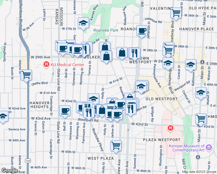 map of restaurants, bars, coffee shops, grocery stores, and more near 4101 Holly Street in Kansas City