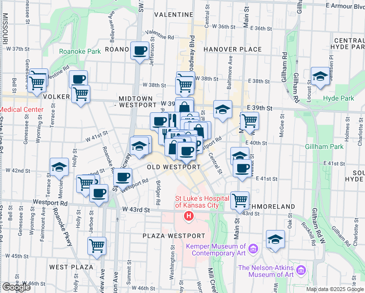 map of restaurants, bars, coffee shops, grocery stores, and more near 4030 Broadway Boulevard in Kansas City