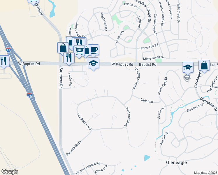 map of restaurants, bars, coffee shops, grocery stores, and more near 545 Struthers Loop in Colorado Springs