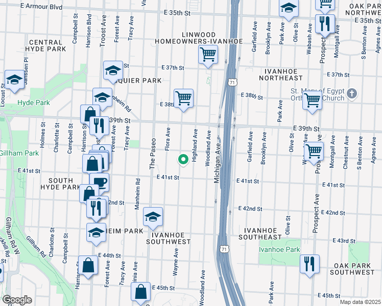 map of restaurants, bars, coffee shops, grocery stores, and more near 4000 Highland Avenue in Kansas City