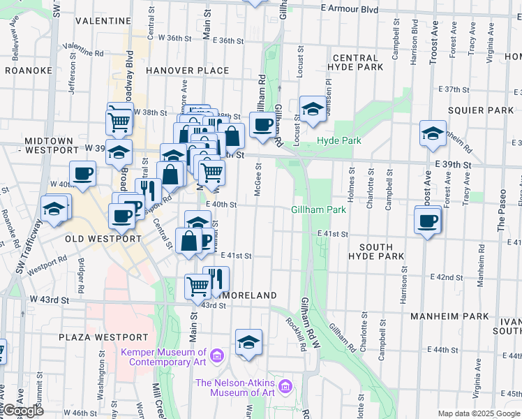 map of restaurants, bars, coffee shops, grocery stores, and more near 4001 McGee Street in Kansas City