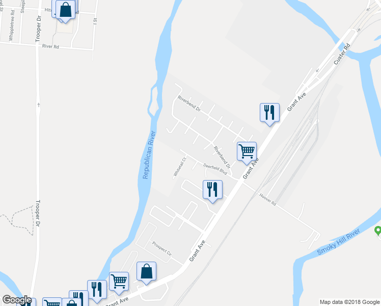 map of restaurants, bars, coffee shops, grocery stores, and more near 2528 Deerfield Boulevard in Junction City