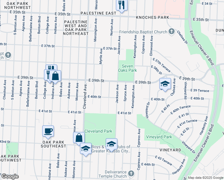 map of restaurants, bars, coffee shops, grocery stores, and more near 3921 Norton Avenue in Kansas City