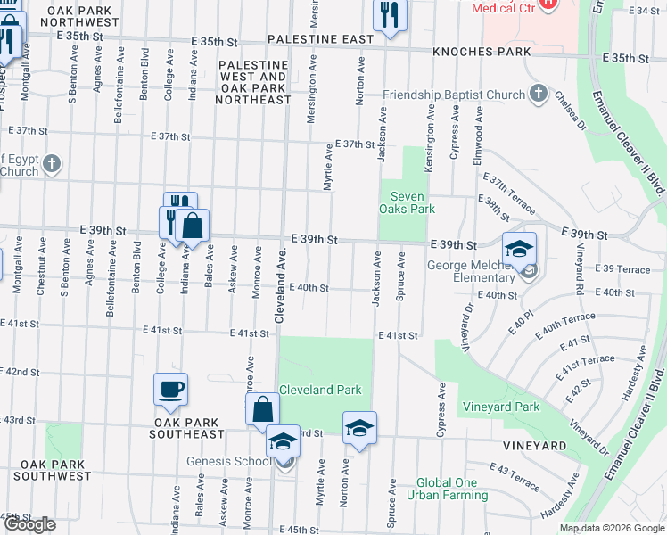 map of restaurants, bars, coffee shops, grocery stores, and more near 3925 Myrtle Avenue in Kansas City