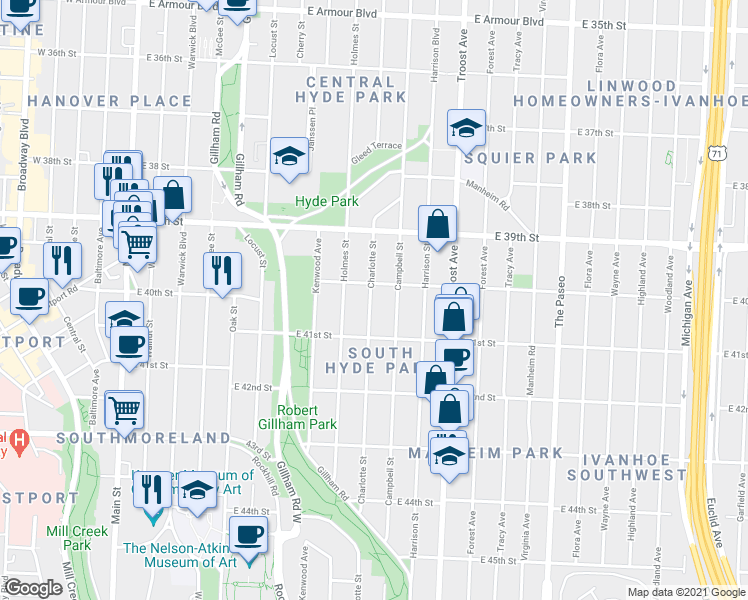 map of restaurants, bars, coffee shops, grocery stores, and more near 4008 Campbell Street in Kansas City