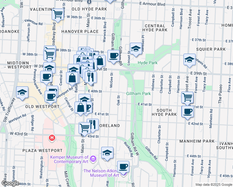 map of restaurants, bars, coffee shops, grocery stores, and more near 4001 McGee Street in Kansas City