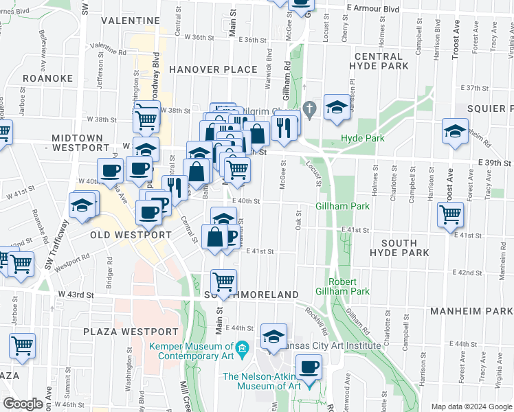 map of restaurants, bars, coffee shops, grocery stores, and more near 4000 Warwick Boulevard in Kansas City