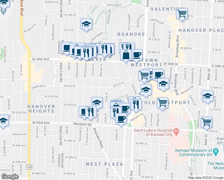 map of restaurants, bars, coffee shops, grocery stores, and more near 4101 Holly Street in Kansas City