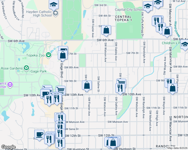 map of restaurants, bars, coffee shops, grocery stores, and more near 823 Southwest Frazier Avenue in Topeka