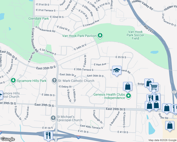 map of restaurants, bars, coffee shops, grocery stores, and more near 16821 East 35th Terrace South in Independence