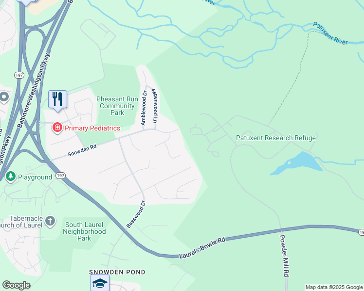 map of restaurants, bars, coffee shops, grocery stores, and more near 11803 Bristolwood Terrace in Laurel