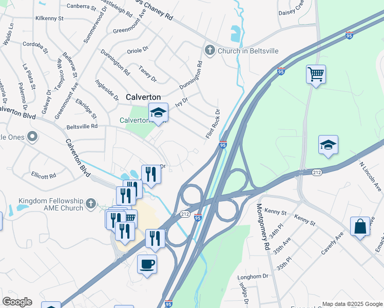 map of restaurants, bars, coffee shops, grocery stores, and more near 12049 Beltsville Drive in Beltsville