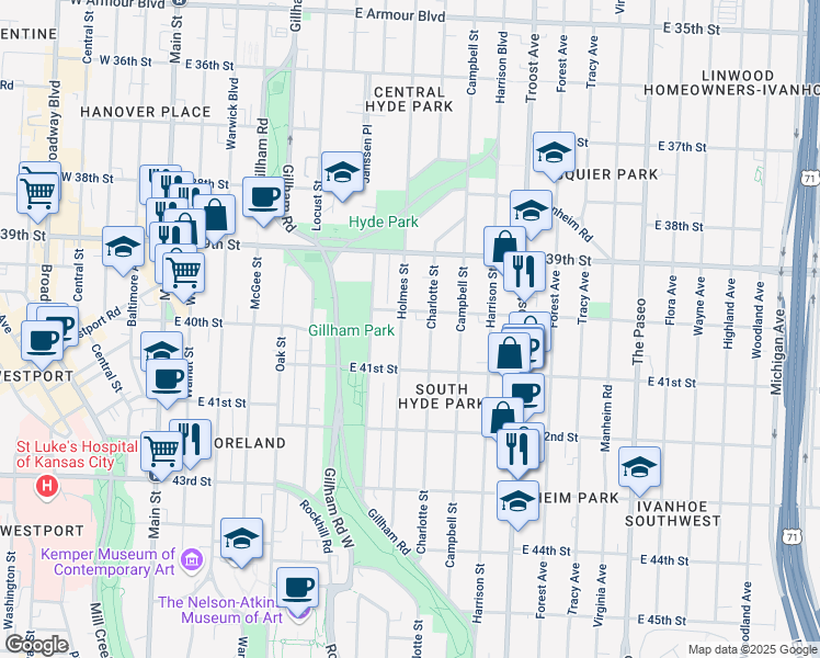 map of restaurants, bars, coffee shops, grocery stores, and more near 4013 Holmes St in Kansas City