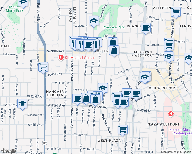 map of restaurants, bars, coffee shops, grocery stores, and more near 4104 Terrace Street in Kansas City