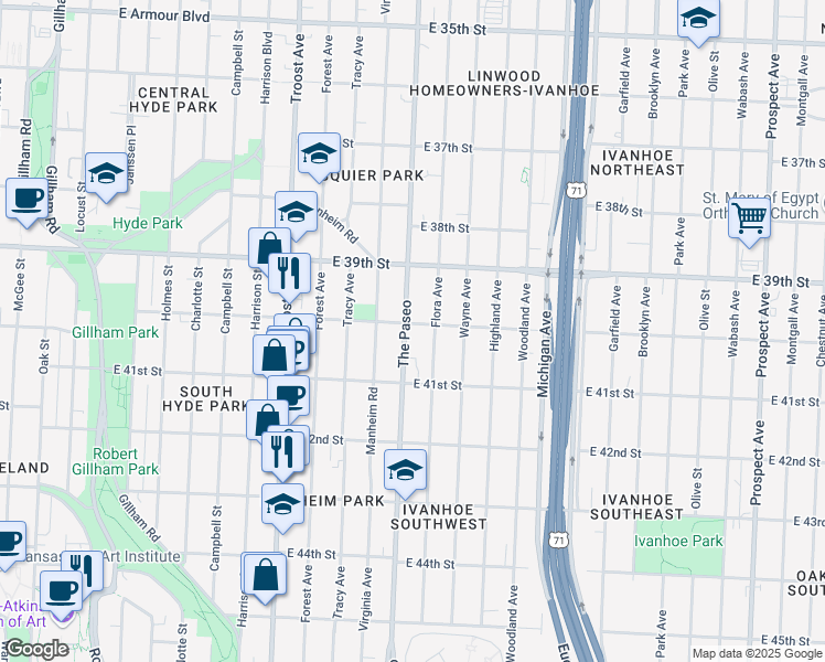 map of restaurants, bars, coffee shops, grocery stores, and more near 1401 East 40th Street in Kansas City