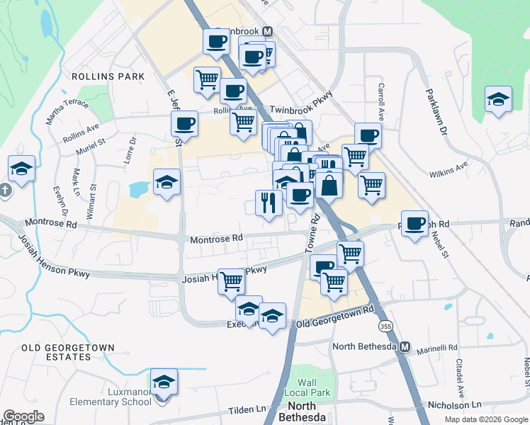 map of restaurants, bars, coffee shops, grocery stores, and more near Chase Crossing Circle in Rockville