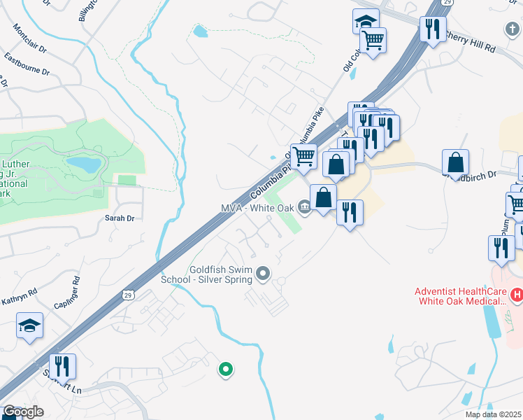 map of restaurants, bars, coffee shops, grocery stores, and more near 1927 Amberstone Court in Silver Spring