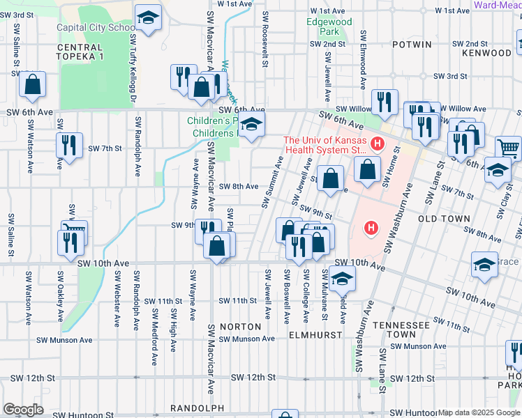 map of restaurants, bars, coffee shops, grocery stores, and more near 2201 Southwest Hazelton Court in Topeka