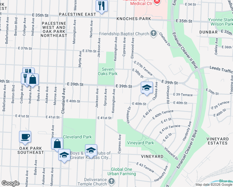 map of restaurants, bars, coffee shops, grocery stores, and more near 3916 Kensington Avenue in Kansas City