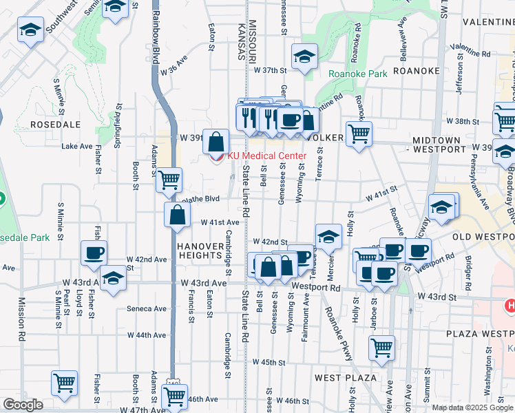 map of restaurants, bars, coffee shops, grocery stores, and more near 4106 Bell Street in Kansas City