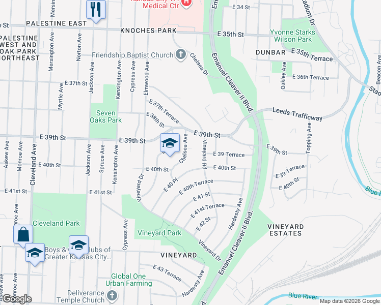 map of restaurants, bars, coffee shops, grocery stores, and more near 3933 Chelsea Avenue in Kansas City