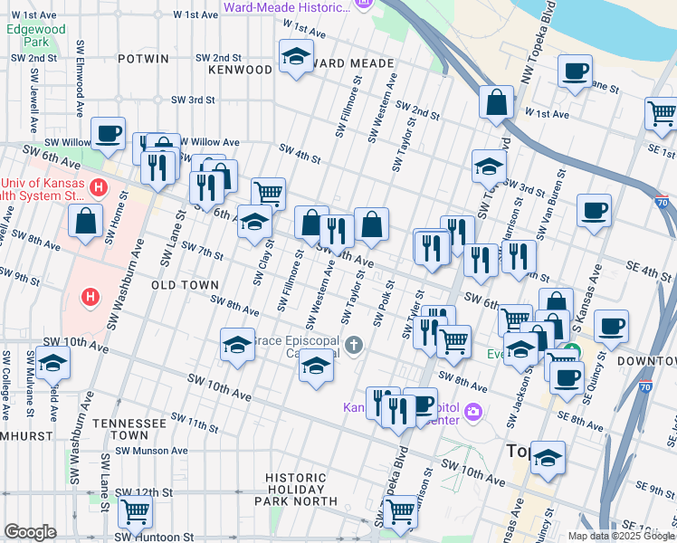 map of restaurants, bars, coffee shops, grocery stores, and more near 612 Southwest Western Avenue in Topeka