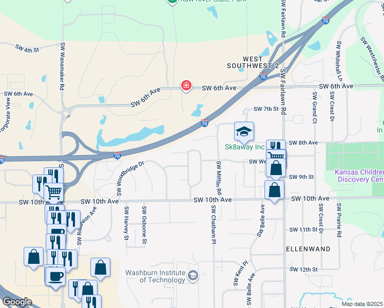 map of restaurants, bars, coffee shops, grocery stores, and more near 5555 Southwest West Drive in Topeka