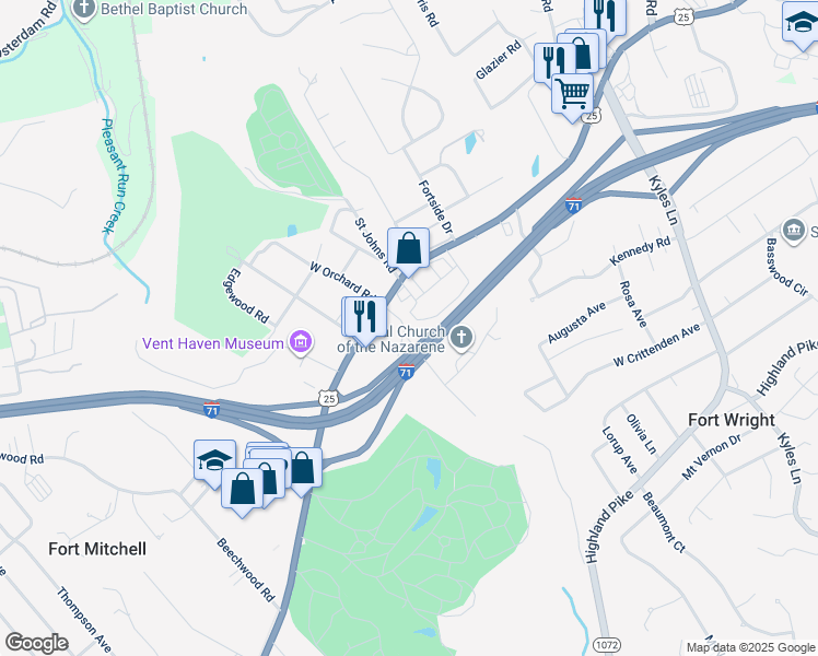map of restaurants, bars, coffee shops, grocery stores, and more near 8 East Orchard Road in Fort Mitchell