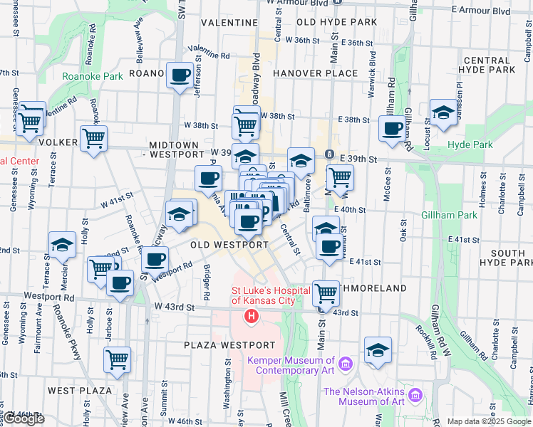 map of restaurants, bars, coffee shops, grocery stores, and more near 306 Westport Road in Kansas City