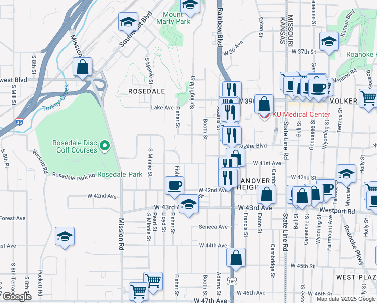 map of restaurants, bars, coffee shops, grocery stores, and more near 4016 Springfield Street in Kansas City