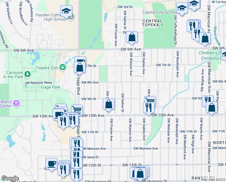 map of restaurants, bars, coffee shops, grocery stores, and more near 823 Southwest Frazier Avenue in Topeka
