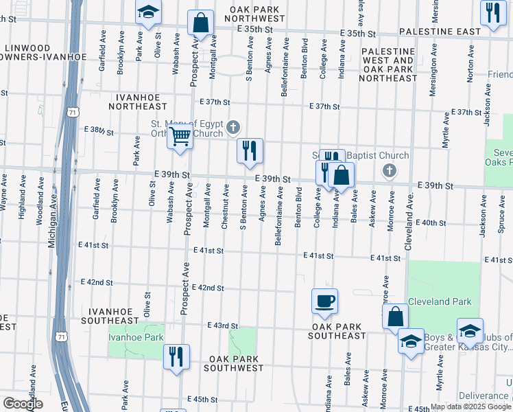 map of restaurants, bars, coffee shops, grocery stores, and more near 3936 Agnes Avenue in Kansas City