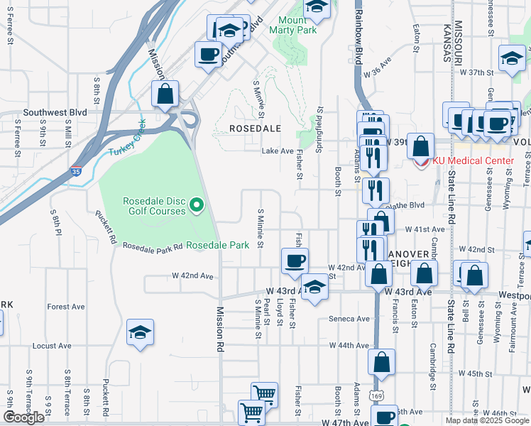 map of restaurants, bars, coffee shops, grocery stores, and more near 4027 South Minnie Street in Kansas City