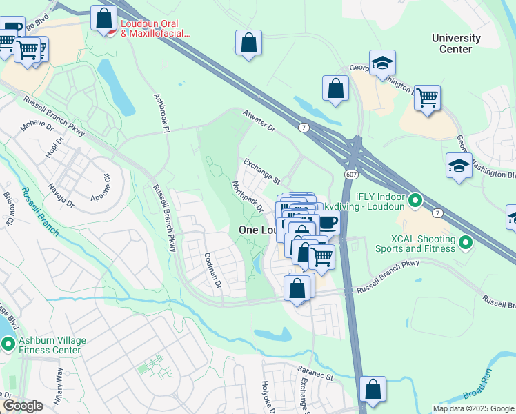 map of restaurants, bars, coffee shops, grocery stores, and more near Northpark Drive in Ashburn