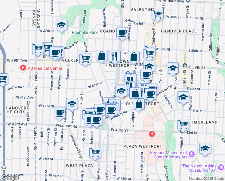 map of restaurants, bars, coffee shops, grocery stores, and more near 907 West 40th Terrace in Kansas City