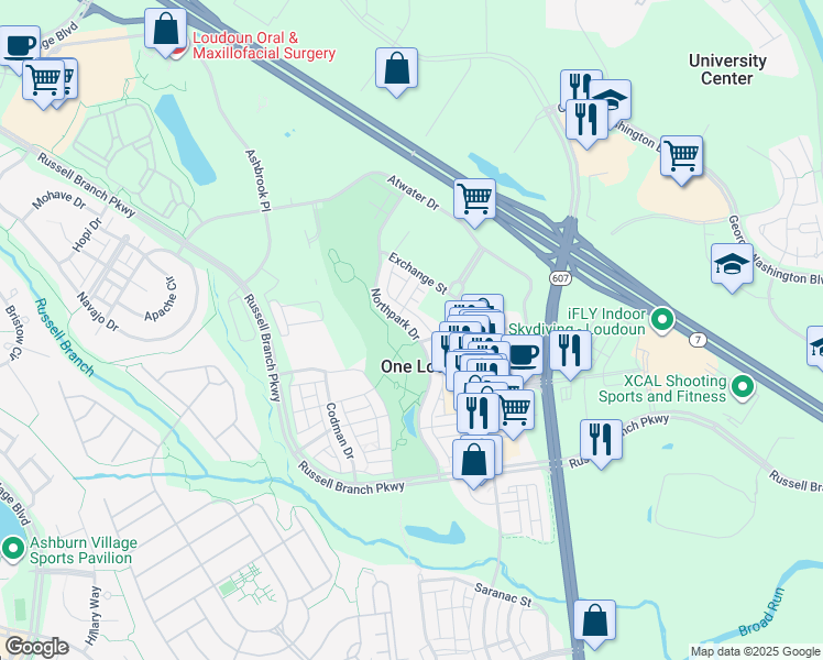 map of restaurants, bars, coffee shops, grocery stores, and more near Northpark Drive in Ashburn