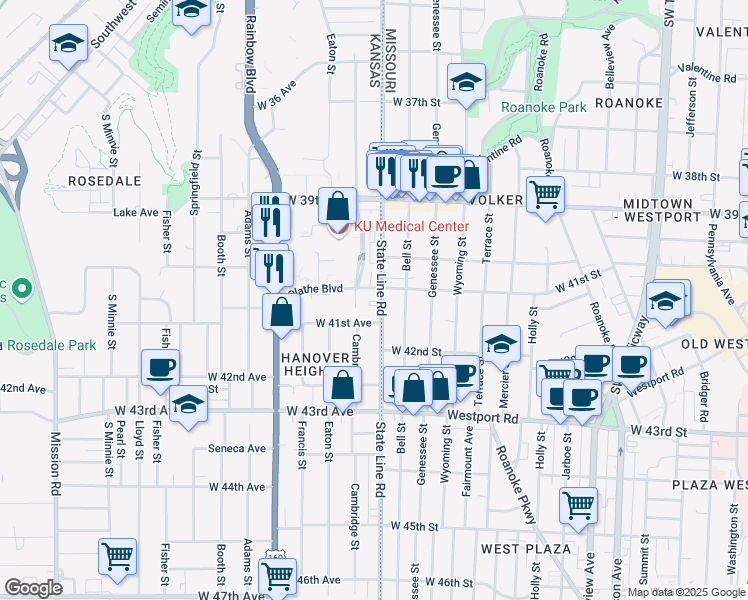 map of restaurants, bars, coffee shops, grocery stores, and more near 1901 Olathe Boulevard in Kansas City