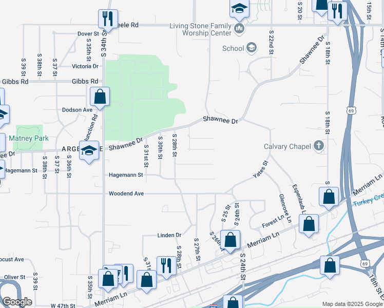 map of restaurants, bars, coffee shops, grocery stores, and more near 2705 Oak Grove Road in Kansas City