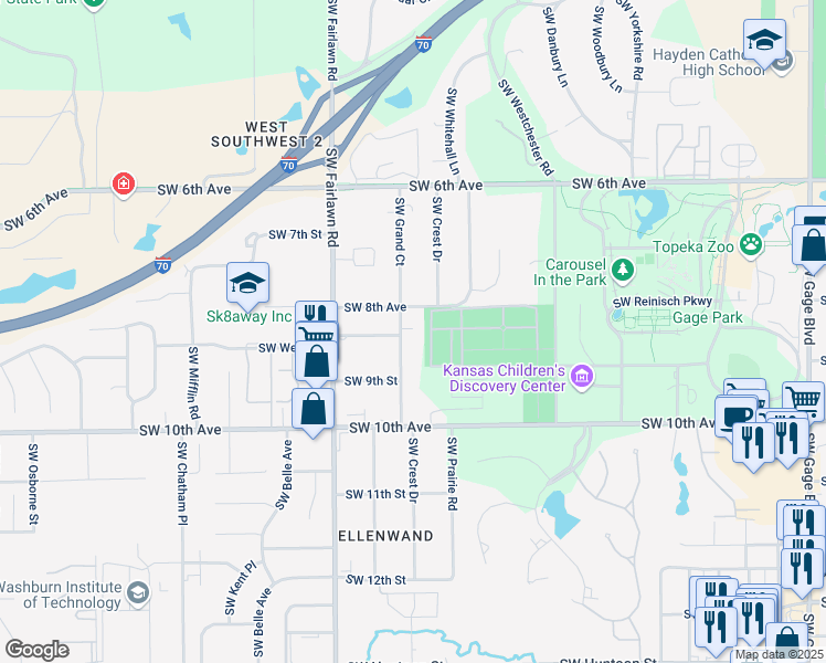 map of restaurants, bars, coffee shops, grocery stores, and more near 814 SW Grand Ct in Topeka