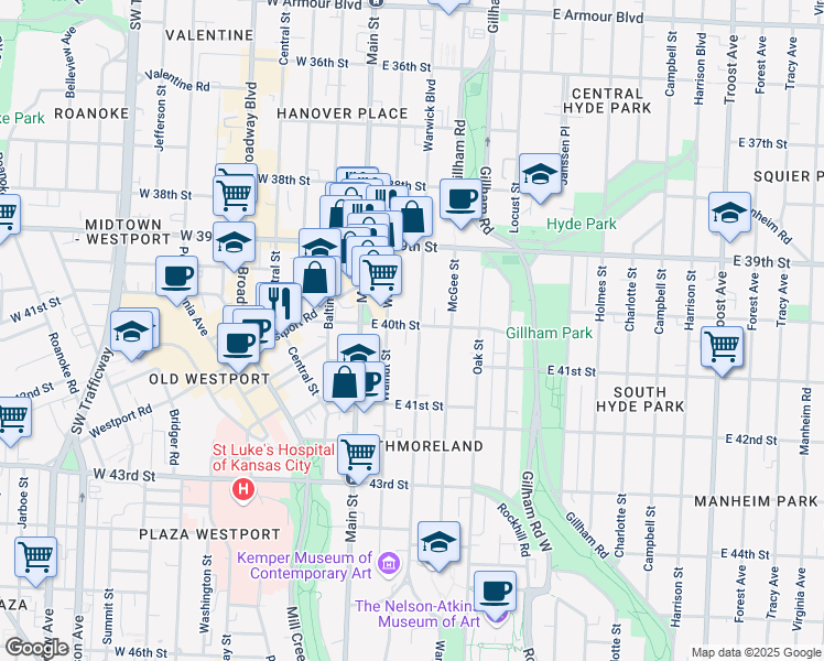 map of restaurants, bars, coffee shops, grocery stores, and more near 4000 Warwick Boulevard in Kansas City