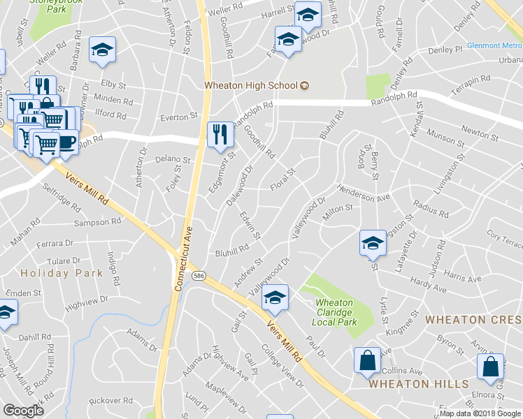 map of restaurants, bars, coffee shops, grocery stores, and more near 3412 Embry Street in Silver Spring
