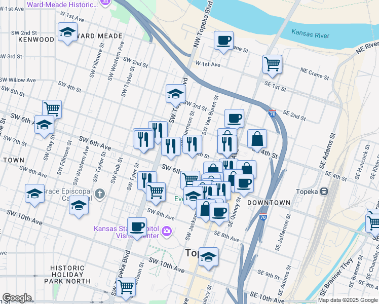 map of restaurants, bars, coffee shops, grocery stores, and more near 313 SW 5th St in Topeka