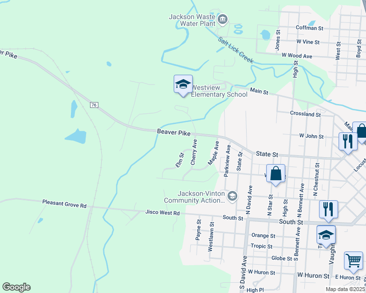 map of restaurants, bars, coffee shops, grocery stores, and more near 105 Elm Street in Jackson