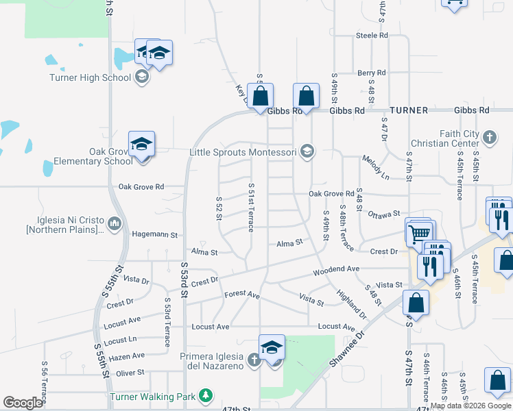 map of restaurants, bars, coffee shops, grocery stores, and more near 2628 South 51st Terrace in Kansas City