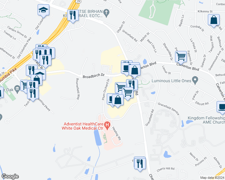 map of restaurants, bars, coffee shops, grocery stores, and more near 12024 Cherry Hill Road in Silver Spring